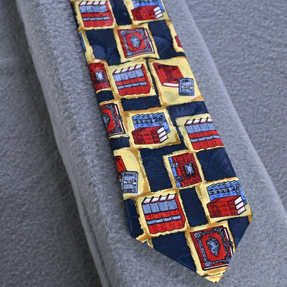 Leonardo Mens Bookshelf Print Library Necktie OS Navy Blue Yellow Red
